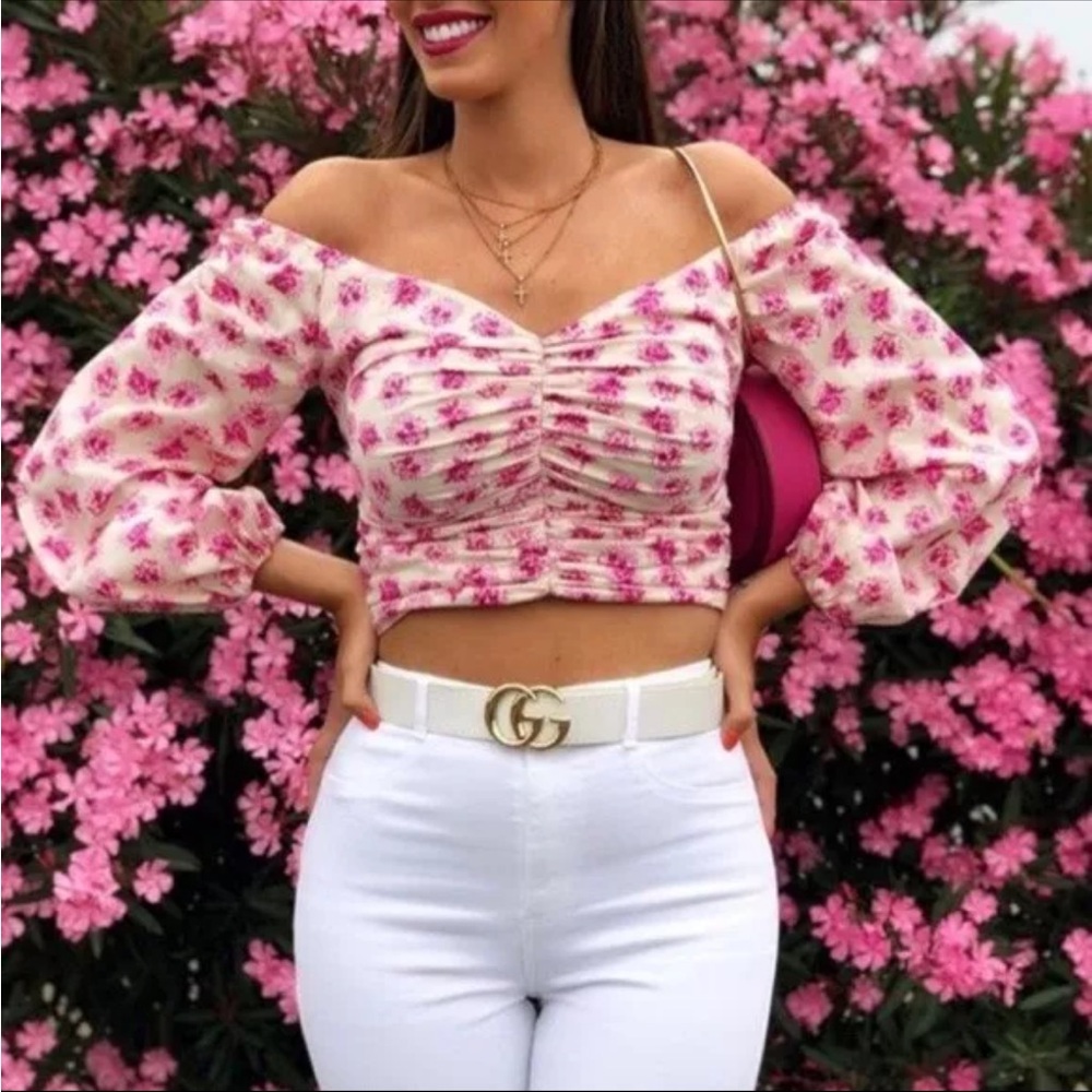 ZARA | NWOT Pink Floral Off-Shoulder Ruched Bardot Top, Size Large